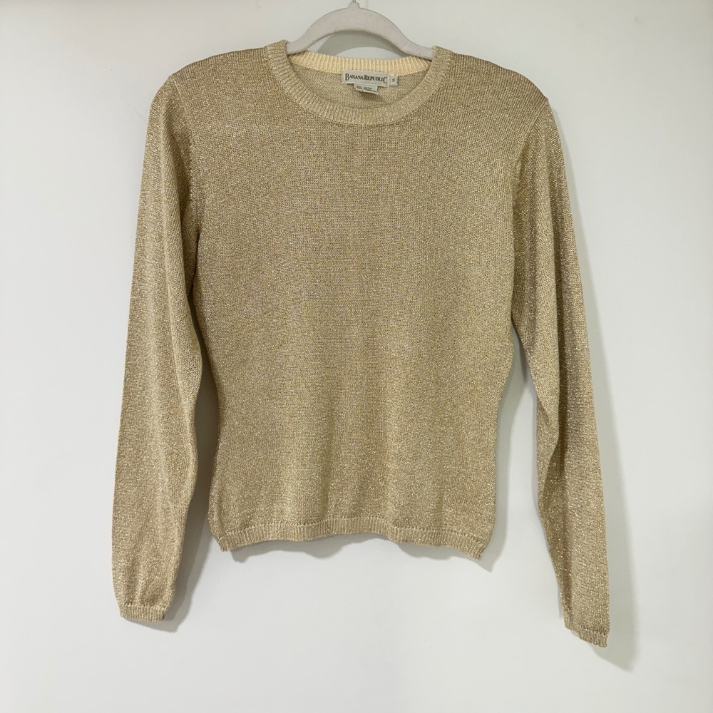 90s Banana Republic Gold Metallic Shimmer Sweater Womens Small Crewneck Knit S - Picture 2 of 6